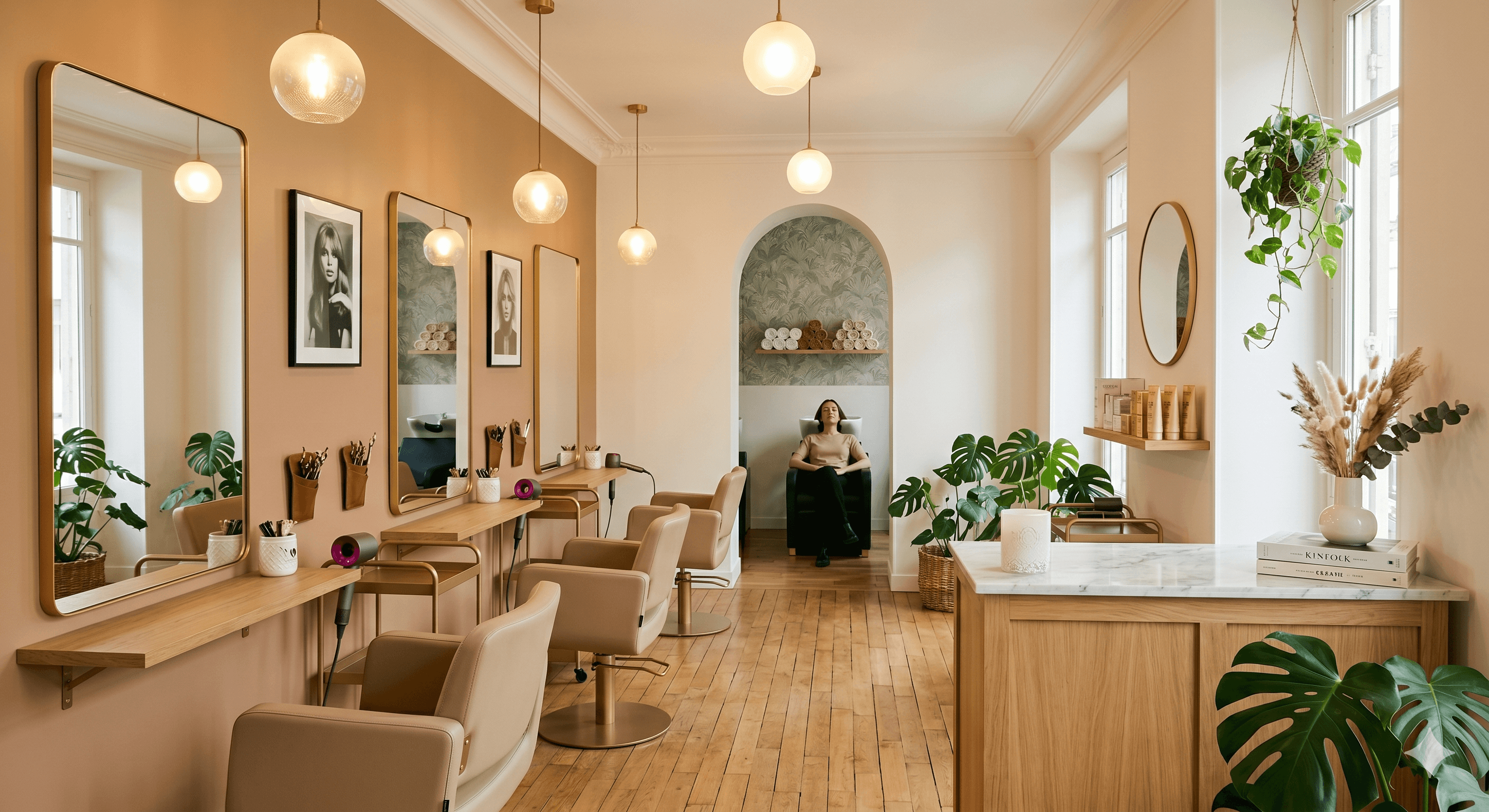 Intérieur du salon de coiffure Studio Émilie à Melun — postes de coiffage et suspensions dorées